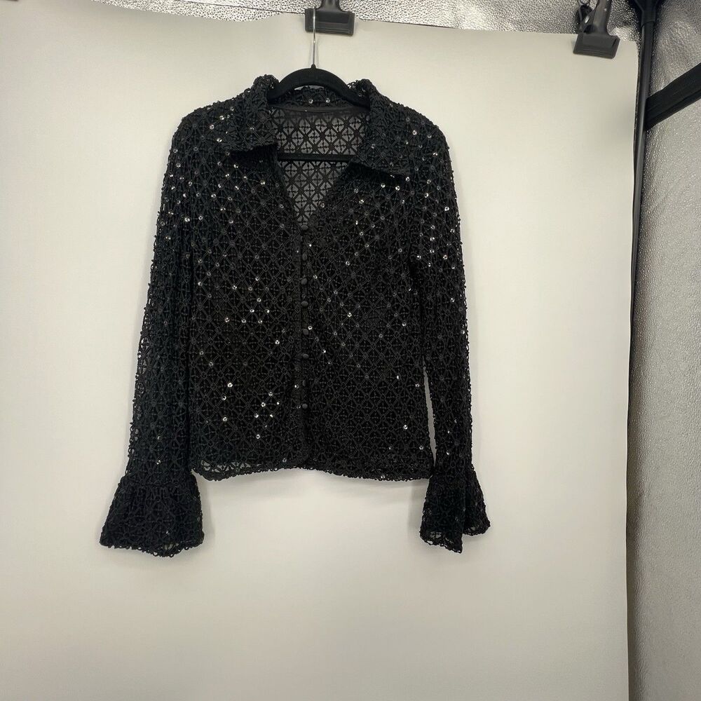 Sequin Crochet Sheer Womens Button Up Top Sz M Bell Sleeve Whimsygoth Witchy Y2K